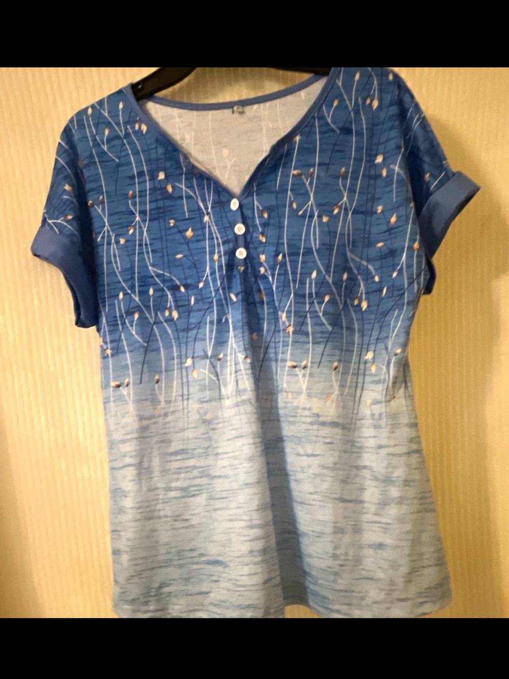 Vintage Blue Ombre V-Neck Short Sleeve Top with Botanical Print